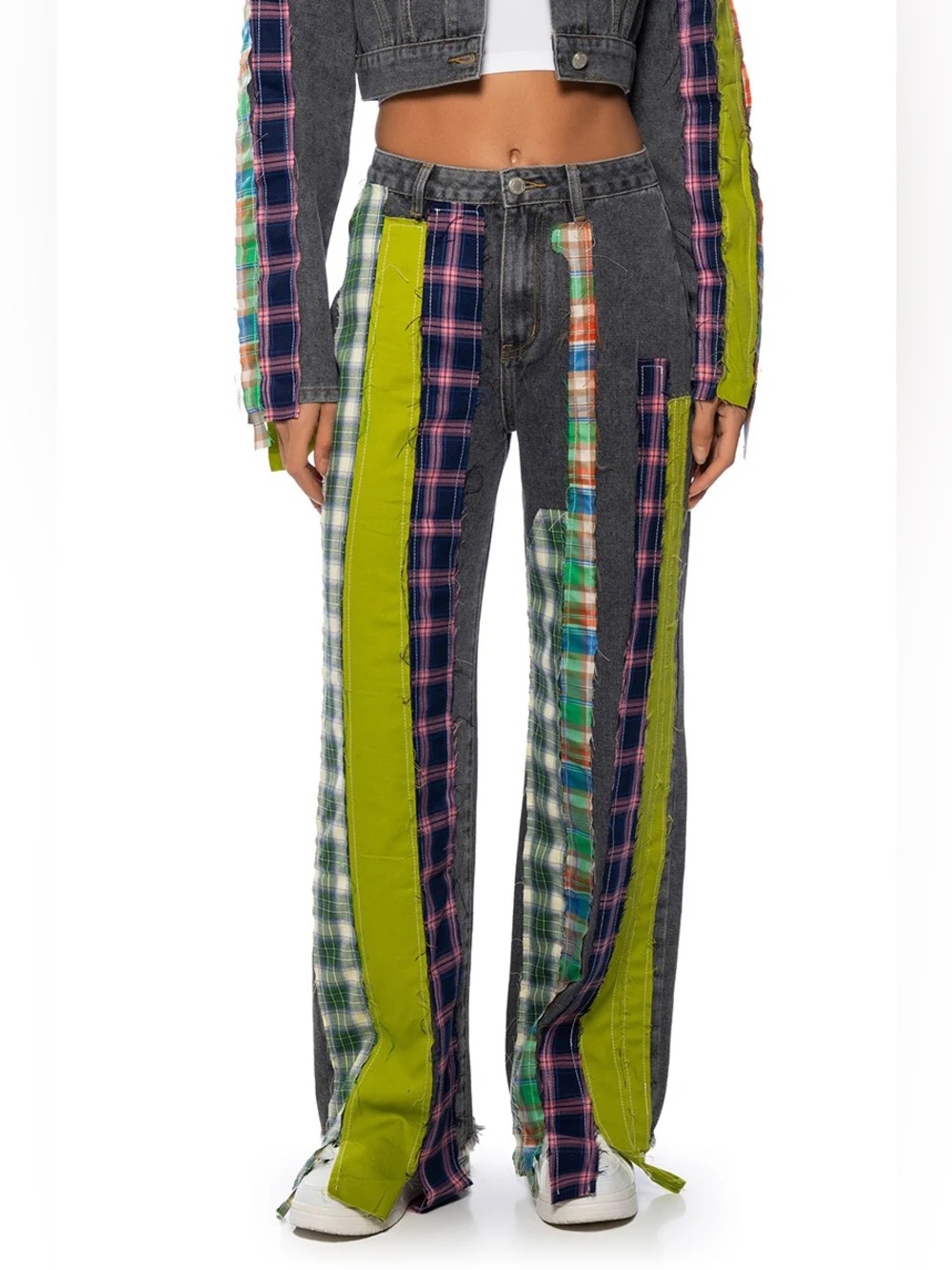 Patchwork Plaid & Lime Stripe Denim Pants